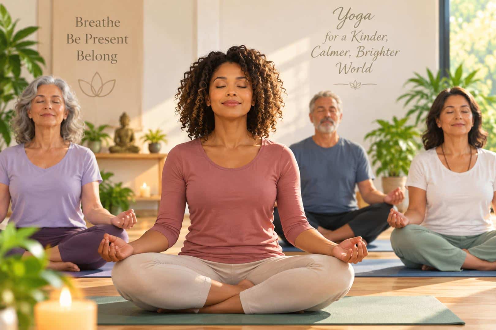 Ethnically diverse group of people meditating with smiles on their faces